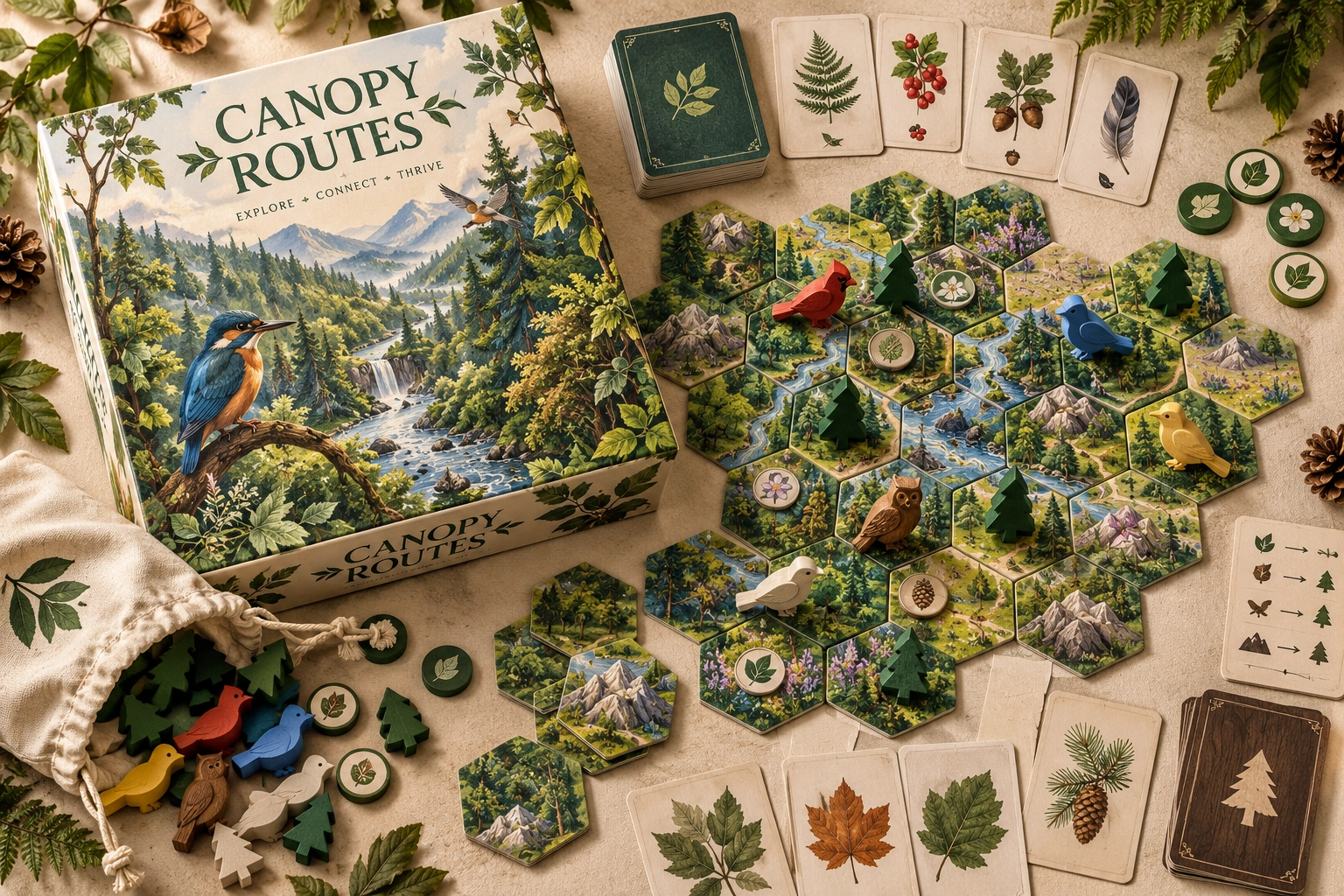 Canopy Routes, physical board game and playing pieces