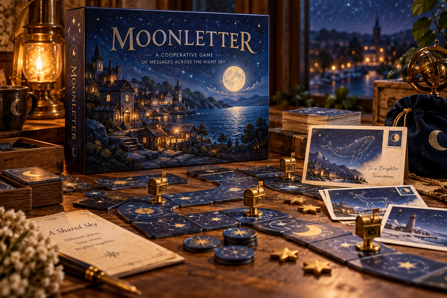 Moonletter, physical board game and playing pieces