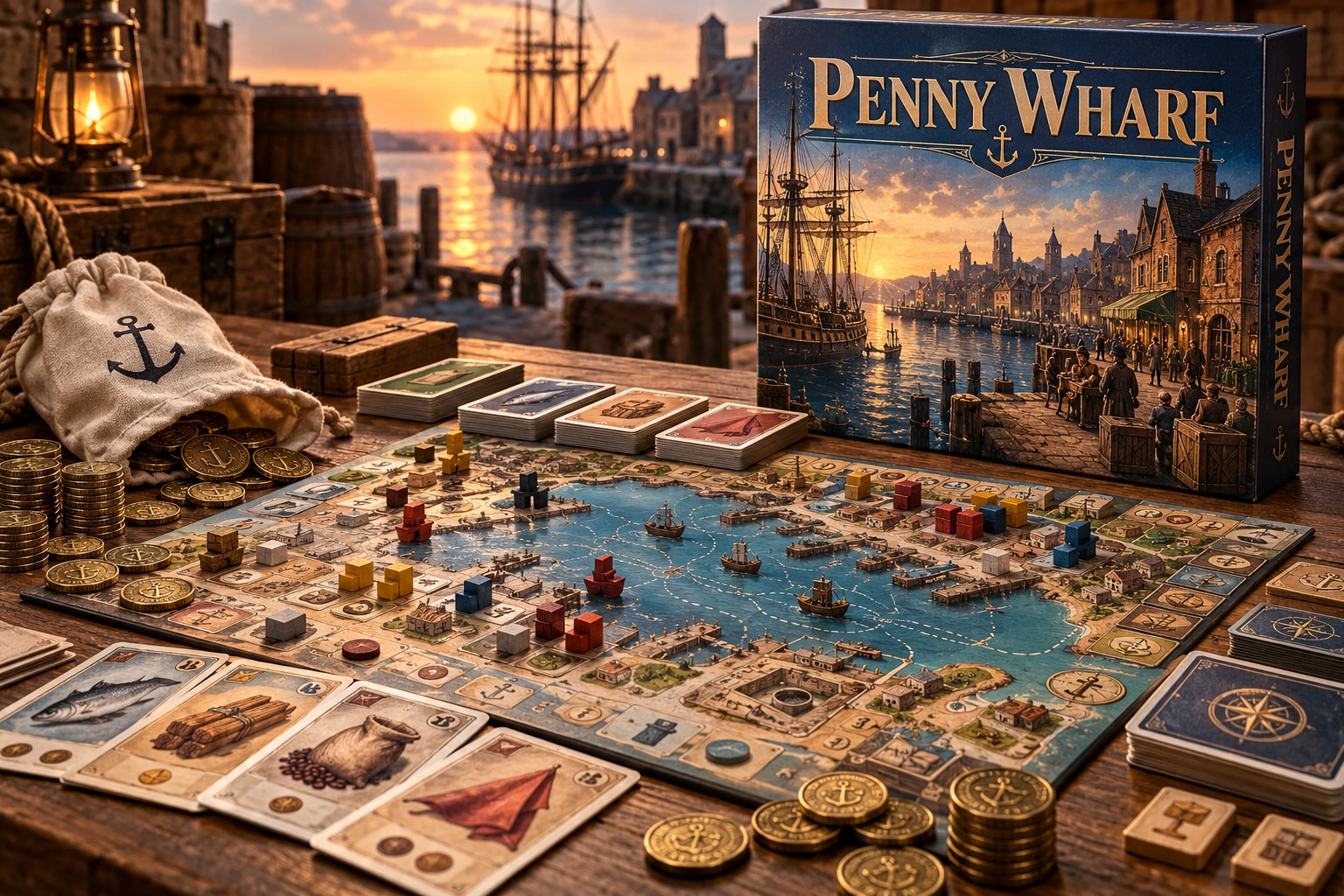 Penny Wharf, physical board game and playing pieces