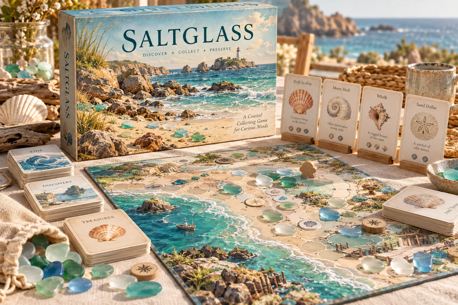 Saltglass, physical board game and playing pieces