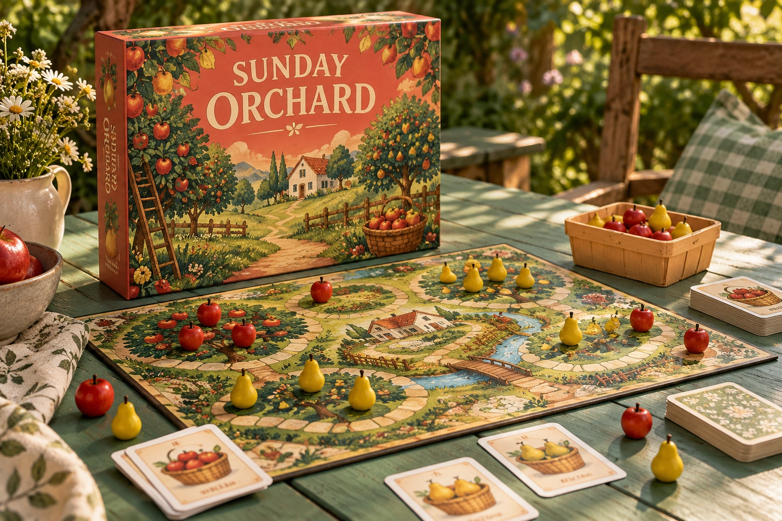 Sunday Orchard, physical board game and playing pieces